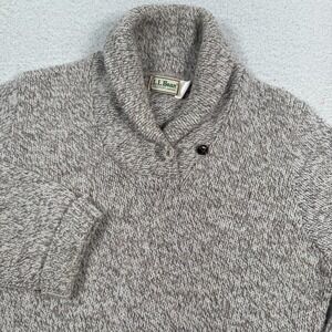 VTG L.L. Bean Sweater Women L Shawl Button Collar Wool Nylon Oatmeal Beige *Flaw